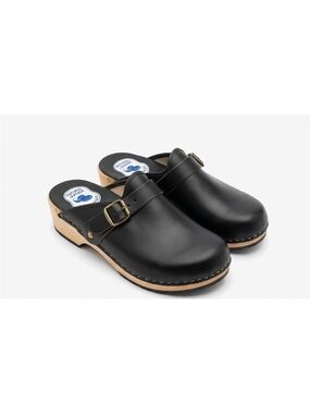 Black Kids Leather Clogs with Buckle